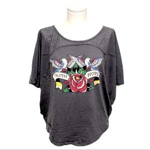 ED HARDY gray batwing tattoo art birds Faith Hope roses lace hi low top M